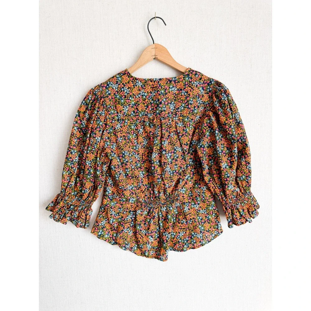 Free People I Found You‎ Floral Puff Sleeve Blouse Navy Orange Small S/P